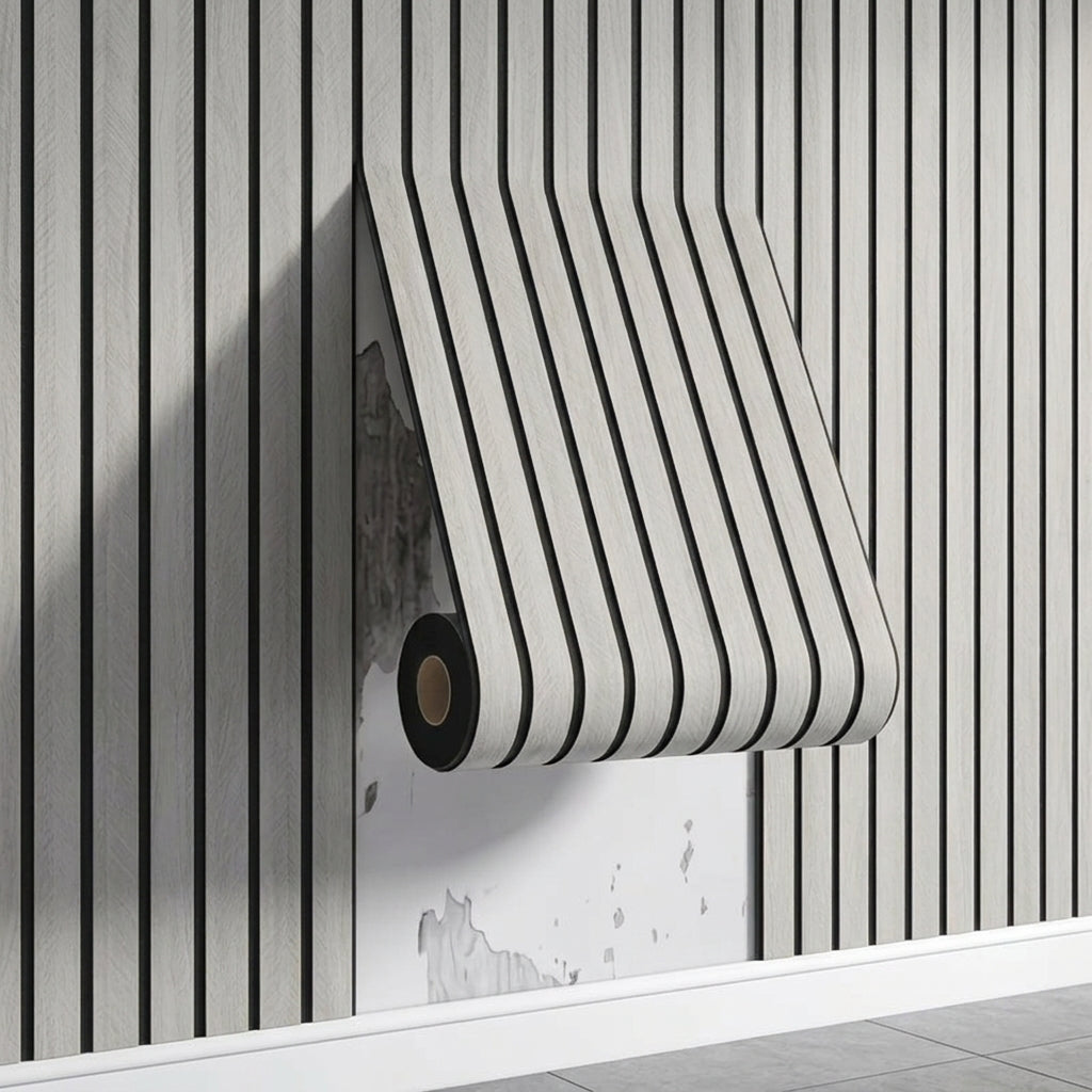 3D wood-effect wallpaper, 40cm x 300cm, IXPE material, wear-resistant and self-adhesive. Suitable for feature walls, ceilings, bedrooms and offices. Modern luxury design style, grey wood tone, light grey, 3mm thick, easy to install.