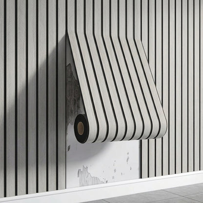 3D wood-effect wallpaper, 40cm x 300cm, IXPE material, wear-resistant and self-adhesive. Suitable for feature walls, ceilings, bedrooms and offices. Modern luxury design style, grey wood tone, light grey, 3mm thick, easy to install.