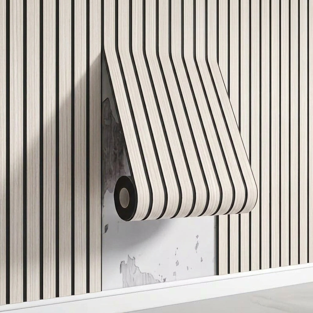 3D wood-effect wallpaper, 40cm x 300cm, IXPE material, wear-resistant and self-adhesive. Suitable for feature walls, ceilings, bedrooms and offices. Modern luxury design style, grey wood tone, light grey, 3mm thick, easy to install.
