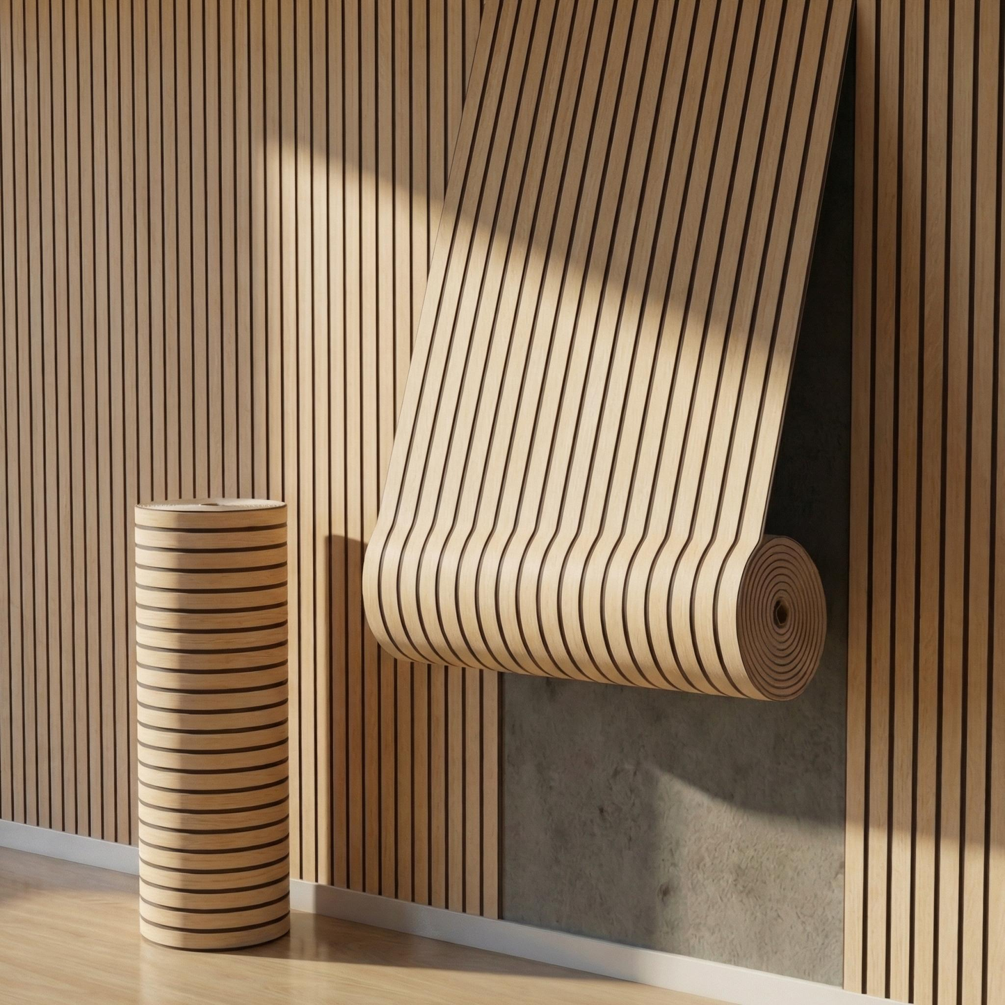 3D wood-effect wallpaper, 40cm x 300cm, IXPE material, wear-resistant and self-adhesive. Suitable for feature walls, ceilings, bedrooms and offices. Modern luxury design style, grey wood tone, light grey, 3mm thick, easy to install.